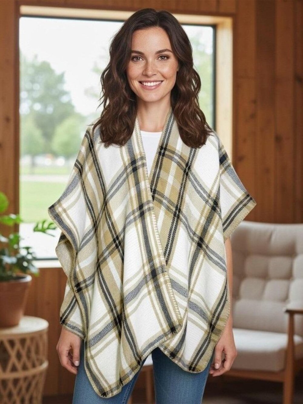 Woolrich Women's Reversible Plaid Blanket Poncho Wrap | Cream & Brown | One Size